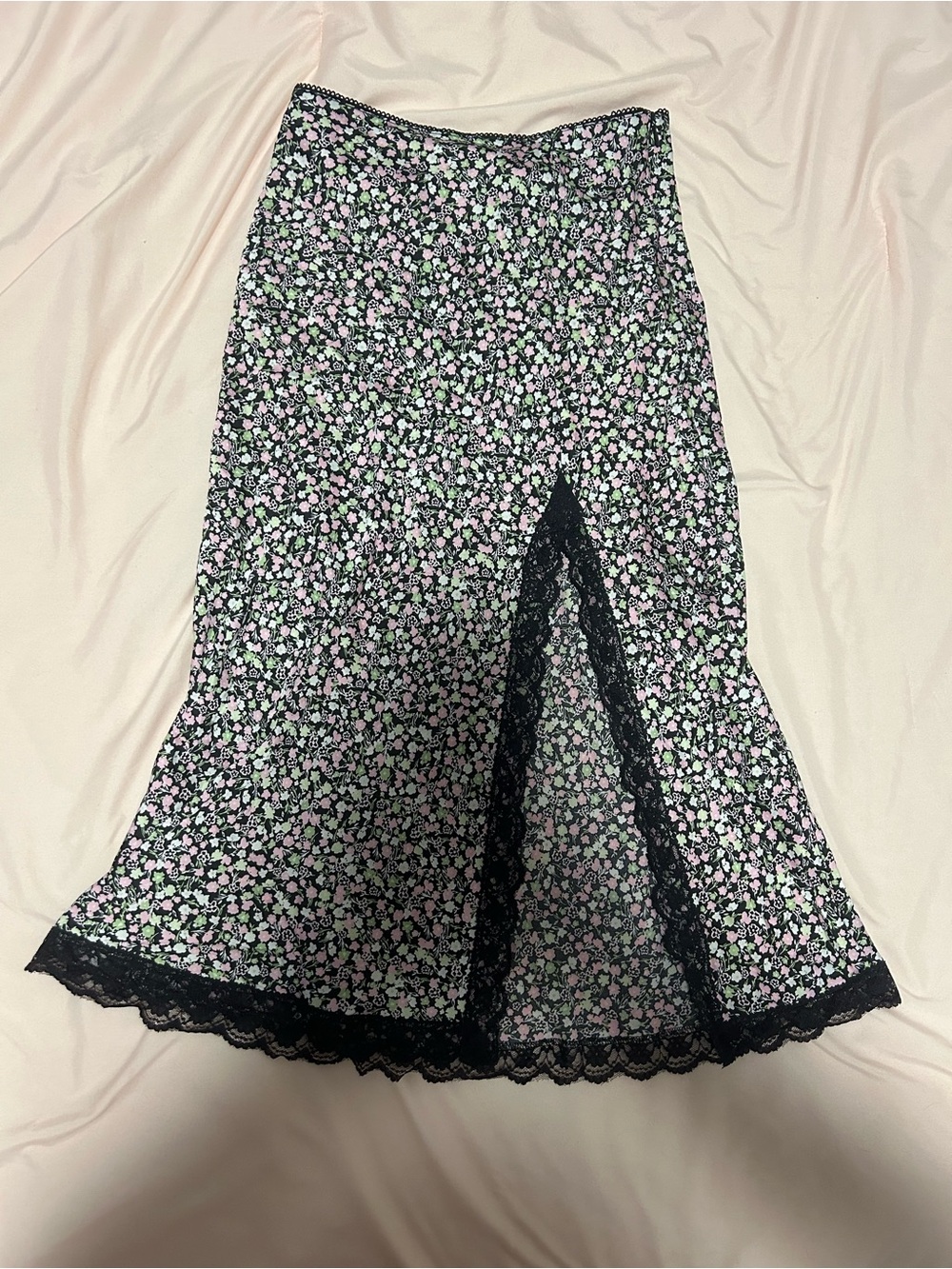 Floral Lace-Trim Midi Skirt with Pink & Green Floral